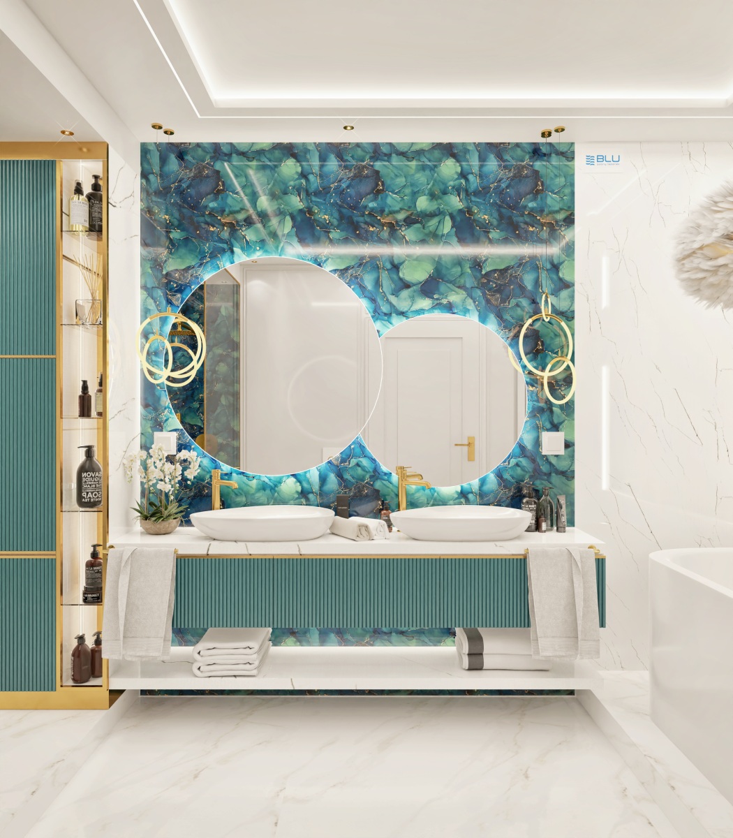 Nowoczesny salon kąpielowy z podświetleniem lustra.